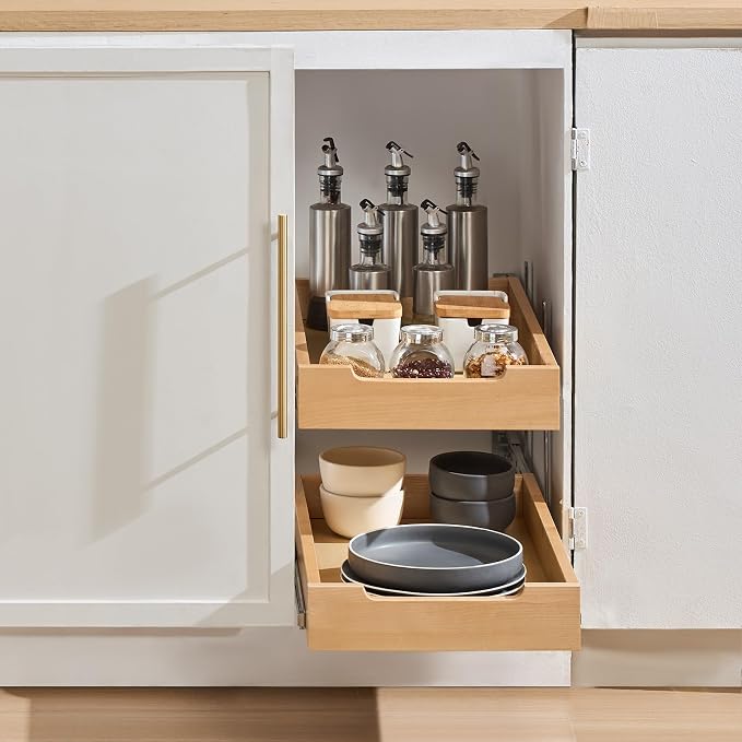 VEVOR 2 Tier Pull Out Cabinet Organizer, 14" W x 21" D Cabinet Drawer, Soft Close Slide out Shelf, Heavy-Duty Sliding Wood Drawer, Adjustable Base Cabinet Organization for Kitchen Pantry Bathroom - Image 8