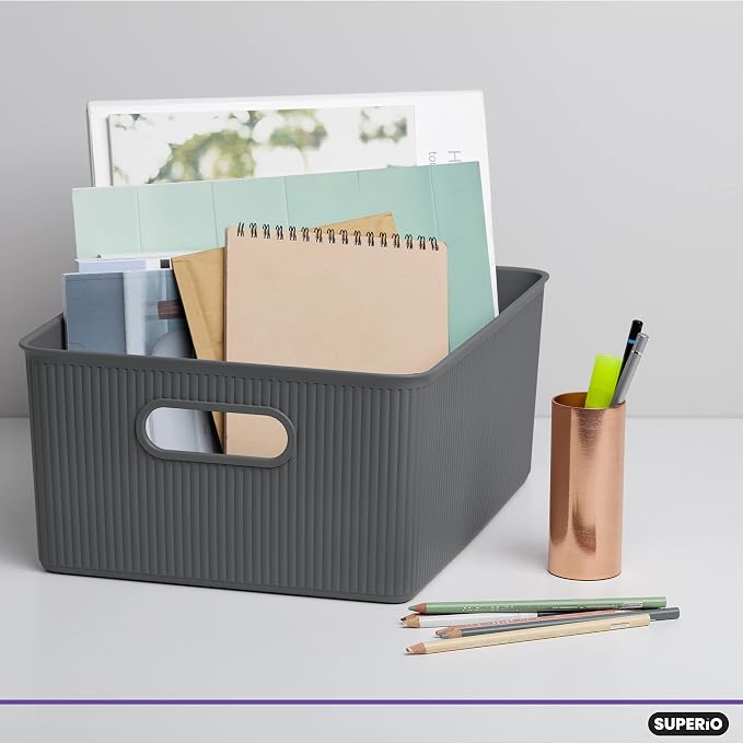Superio Ribbed Collection - Decorative Plastic Basket Open Home Storage Bins Organizer, Grey (Set of 3) 1 Large, 2 Medium - Container Boxes for Organizing Closet Storage Bins for Shelves Drawer Shelf - Image 5
