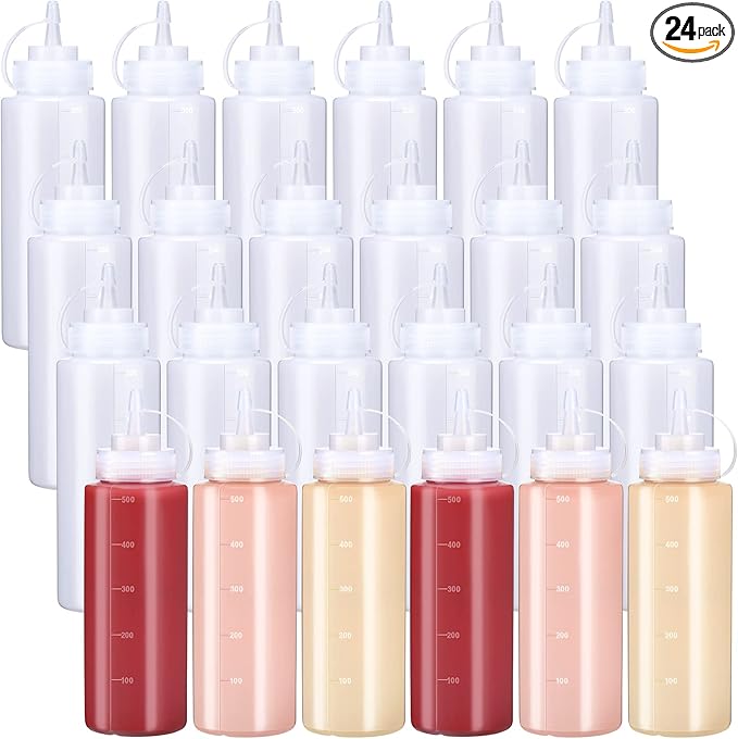 Xinnun 24 Pcs Plastic Condiment Squeeze Bottles Squeeze Leak Proof Multipurpose Squirt Bottles with Twist Top Cap for Sauces Ketchup BBQ Syrup Dressings Paint Grilling Crafts Olive Oil Arts (16 oz) by Xinnun