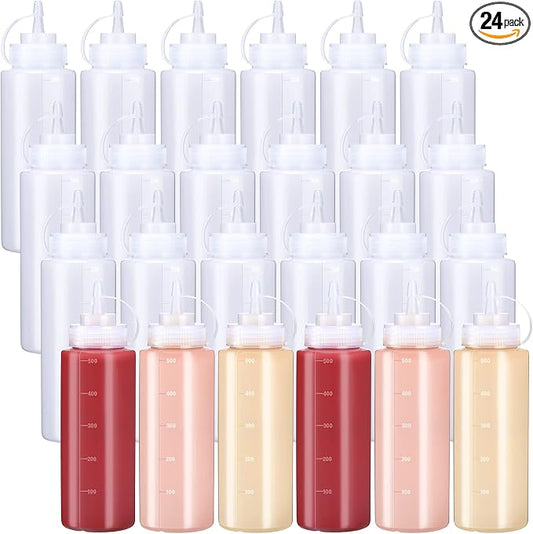 Xinnun 24 Pcs Plastic Condiment Squeeze Bottles Squeeze Leak Proof Multipurpose Squirt Bottles with Twist Top Cap for Sauces Ketchup BBQ Syrup Dressings Paint Grilling Crafts Olive Oil Arts (16 oz) by Xinnun