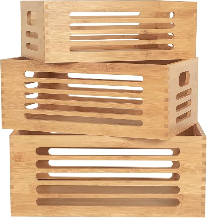 ANMINY Wood Storage Bins Crates, Nesting 3PCS, Mortise-Tenon | Natural Bamboo Boxes Bins with Built-in Handles, Sturdy Corner Joints, Hollow Stripe Design, Nestable for Pantry Shelf - Image 2