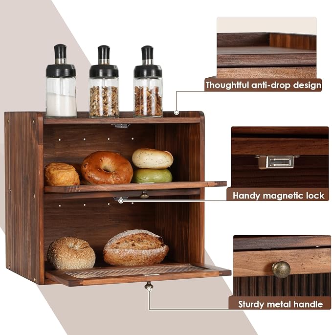 Sunhoo Bread Box for Kitchen Countertop Wooden Bread Storage Container Bin 2 Layer Breadbox Holder Large Capacity Keeper Vintage Farmhouse Food Organizer Pantry Shelf Acrylic Window (Brown) - Image 4