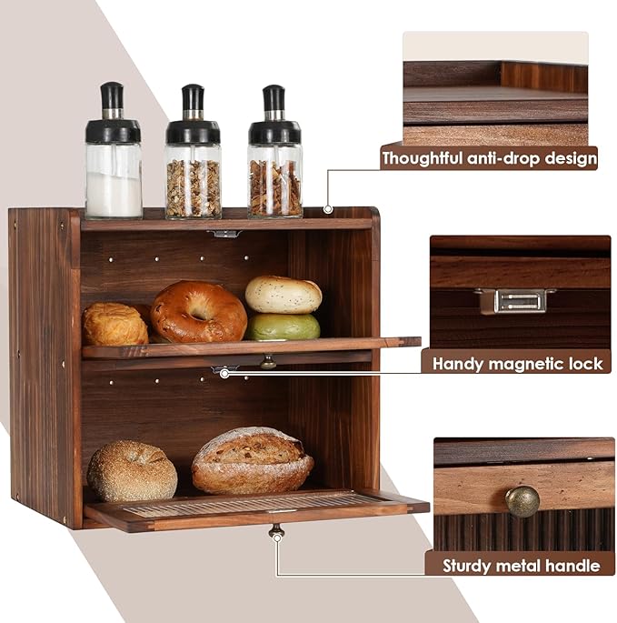 Sunhoo Bread Box for Kitchen Countertop Wooden Bread Storage Container Bin 2 Layer Breadbox Holder Large Capacity Keeper Vintage Farmhouse Food Organizer Pantry Shelf Acrylic Window（Black） - Image 4