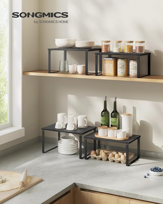 SONGMICS Cabinet Organizer Shelf, Set of 4 Kitchen Counter Shelves, Kitchen Storage, Spice Rack, Stackable, Expandable, Metal and Engineered Wood, Ink Black and Ebony Black UKCS027B01 - Image 3