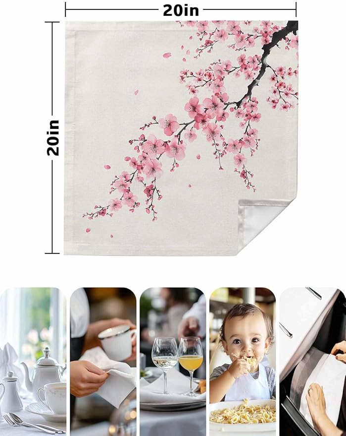 Cherry Blossom Cloth Napkins Set of 8 - Washable Dinner Napkins Reusable Table Napkins for Home Party Weeding Dining Table Setting Decoration, Pink Asian Japanese Burlap Beige Oversized 20"x20" - Image 7