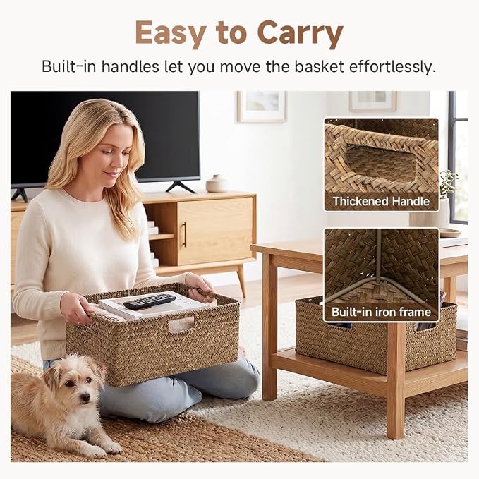 StorageWorks Extra Large Wicker Baskets for Organizing, Seagrass Baskets | Pantry Shelves, Kitchen Closet, Laundry, Bathroom, Table, Decorative, Book, Towel, Blanket, Food, Magazine, Medium, Handle - Image 4
