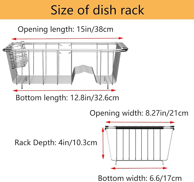 NiuYichee Stainless Steel Dish Drying Rack(14.2"L x 9.5"W x 4.1"H), Expandable Fruit & Vegetable Drain Rack over Sink, Dish Drainer Rack in Sink, with Stainless Steel Utensil Holder & 16" Silicone Mat - Image 5