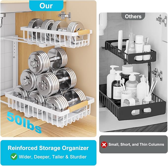 2 Pack Under Sink Organizer, Pull Out Cabinet Organizers, Adjustable Height 2-Tier Metal Slide Out Shelf for Bathroom Under Counter Storage, Kitchen Pantry Laundry Organization Rack, White - Image 3