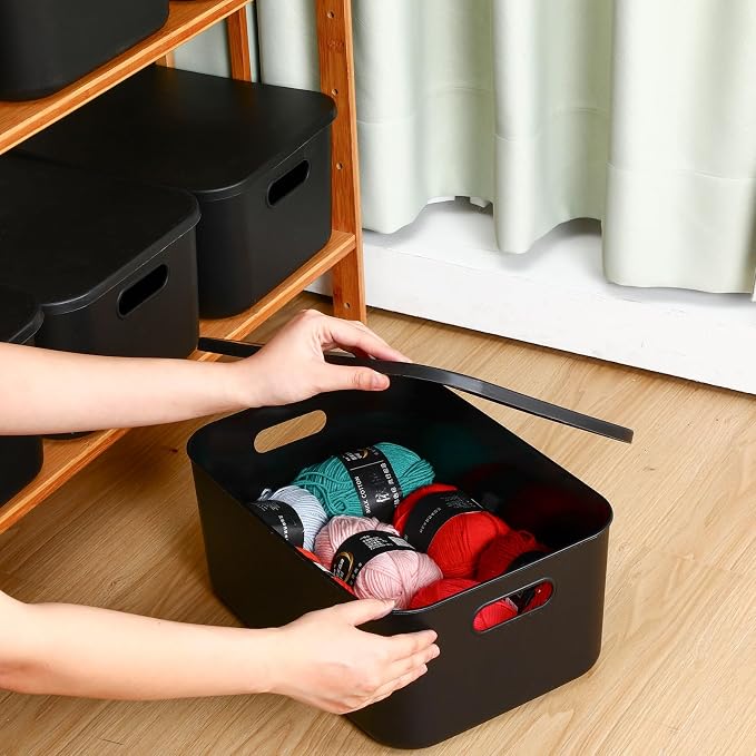 8 Pieces Colorful Storage Bins with Lid, Plastic Storage Basket Organizing Container Stackable Box with Handle for Shelves Desktop Playroom Office(13.8 x 9.8 x 5.9 Inch,Black) - Image 6