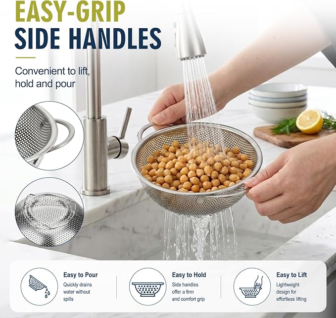 Palksky Small Colander Set of 2, 800 mL / 0.85 Qt Stainless Steel Mini Colanders with Riveted Handles, Footed Base & Micro-Perforations, Berry Wash Bowl for Berries, Fruits, Vegetables & Pasta - Image 4