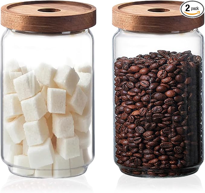 Glass Jars with Airtight Wood Lids - 25 OZ / 750 ML Kitchen Pantry Storage Containers, Decorative Canister for Chia Seed, Coffee Bean, Sugar, Spice, Cereal, Oats, Cookie, Candy, Tea, Nuts, Set of 2 by PENGSHU