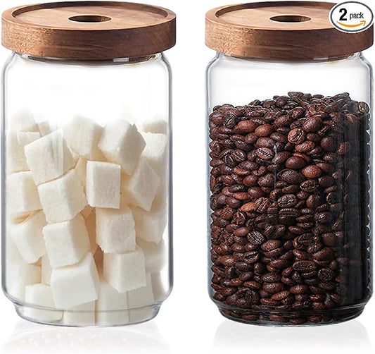Glass Jars with Airtight Wood Lids - 25 OZ / 750 ML Kitchen Pantry Storage Containers, Decorative Canister for Chia Seed, Coffee Bean, Sugar, Spice, Cereal, Oats, Cookie, Candy, Tea, Nuts, Set of 2 by PENGSHU