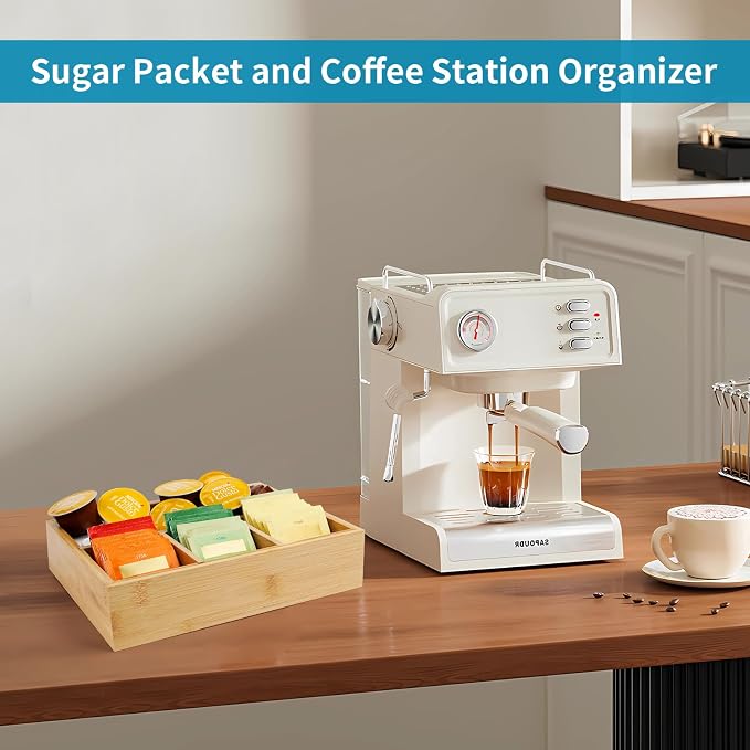 Tea Bag/Sugar Packet Holder,Coffee Station Condiment Organizer,Bamboo Tea Organizer,Large 4-Compartment Organizer Tray for Drawer/Shelf/Countertop,10.2 x 7.9 x 2.4 inch - Image 4