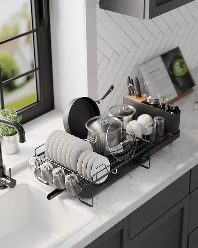 Kitsure Extendable Dish Drying Rack, 19.2"-26.7" L x 12.9" W, Black | Large Dish Rack, Multifunctional Dish Rack for Kitchen Counter, Anti-Rust Dish Drainers with Cutlery & Cup Holders - Image 9