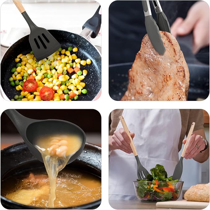 Non-Stick Silicone Cooking Utensils Set, 5 Pcs with Wooden Handle, Heat Resistant Silicone Kitchen Gadgets (Gray) - Image 5
