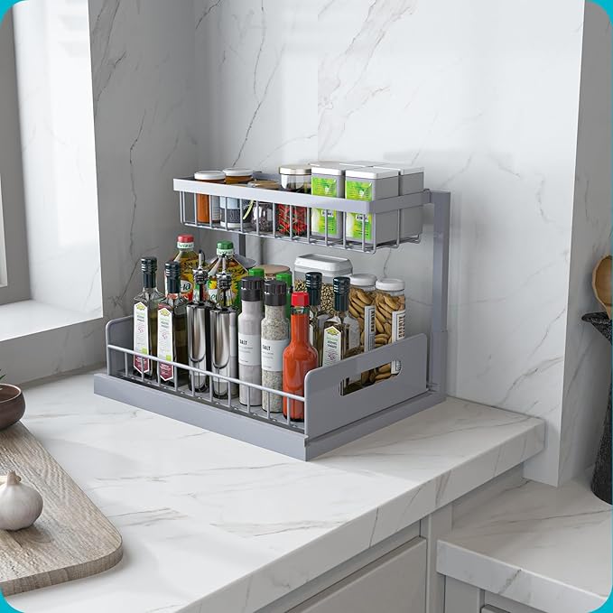 Under Sink Organizer, L-Shaped 2 Tier Pull Out Cabinet Organizer | For Kitchen and Bathroom, Slide Out Under Cabinet Storage, Metal Under Sink Storage with Sliding Drawer, 50 lbs, Grey 2 Pack - Image 7