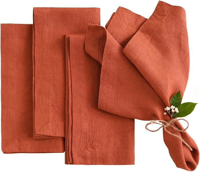 100% Linen Dinner Napkins 15x15 Inch,Soft and Breathable French Flax Cloth Napkins,Stone Washed Set of 4(Rust) by LLinenWorld