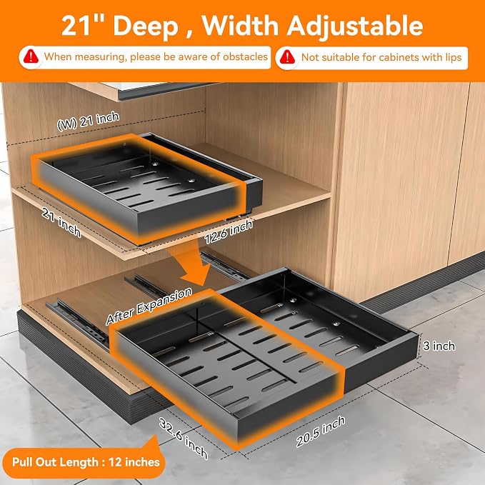 2 Pack 21'' Deep Pull Out Cabinet Organizer Expandable Width (12.6'' to 21'') Slide Out Drawers Pull Out Drawers Fixed with Adhesive Nano Film or Nail for Kitchen Bathroom Organization, Black - Image 2
