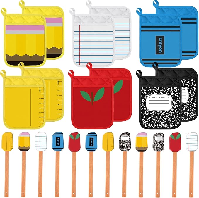 Yaomiao 24 Pcs End of Year Teacher Gifts Appreciation Pot Holders with Silicone Spatula Gifts Set Wooden Handles Pot Holders Thank You Teacher Kitchen Utensils Baking School Party Favor by Yaomiao