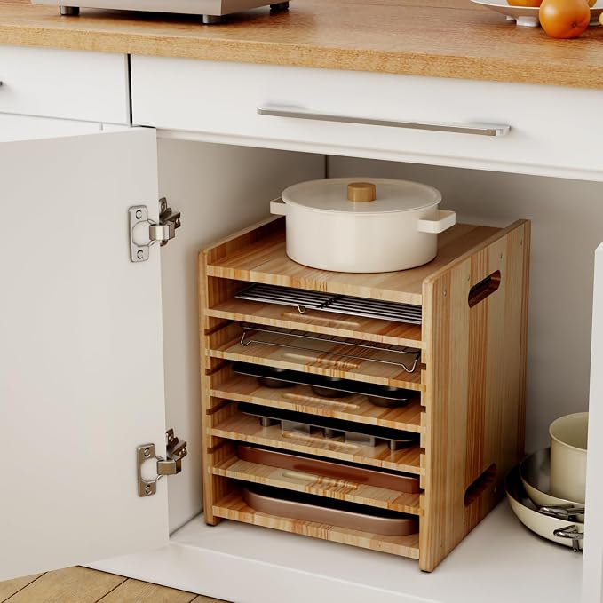 7 Tiers Cookie Sheet Organizer for Cabinet, Wooden Tray Dividers for Kitchen Cabinets Baking Sheet Pan Organizer, for Heavy Pans, Cutting Board, Bakeware, Kitchen Cupboard Storage, Solid Wood - Image 6