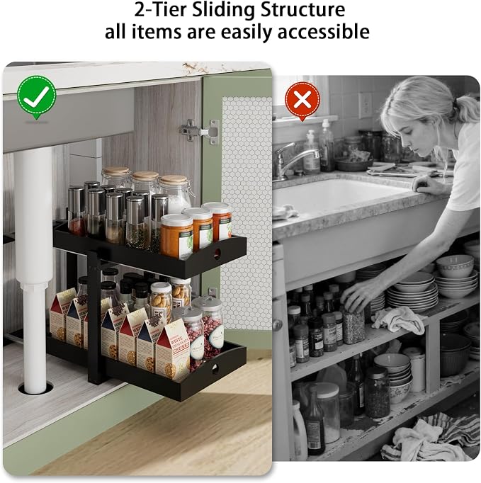 2 Pack Bamboo Under Sink Organizer, 2-Tier Sliding Drawers for Cabinets | Pull-out drawers keep cleaners and tall bottles visible, organized and easy to reach in kitchen or bathroom cabinets - Image 7