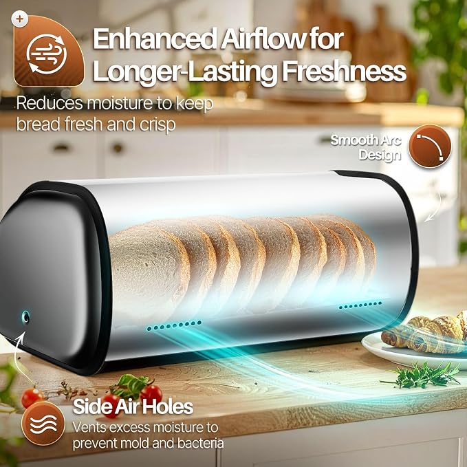 Flexzion Stainless Steel Bread Box for Kitchen Countertop, 16 Inch, Silver | Large Bread Storage Container with Roll-Top Lid, Front Window, Rear Vents, and Room for Bread, Bagels, Muffins, and Pastries - Image 4