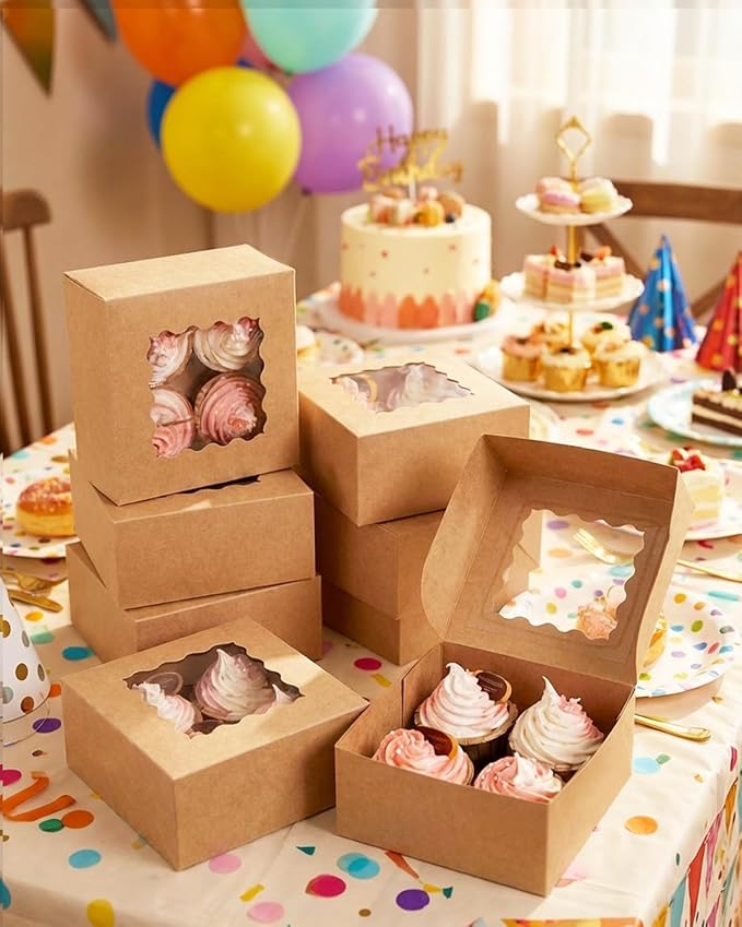 qiqee Auto-pop Up Cupcake Boxes with Window Brown 100PCS 4 Count Cupcake Box 6.3"x6.3"x3" Cupcakes Carrier, 4 Cupcake Containers - Image 7