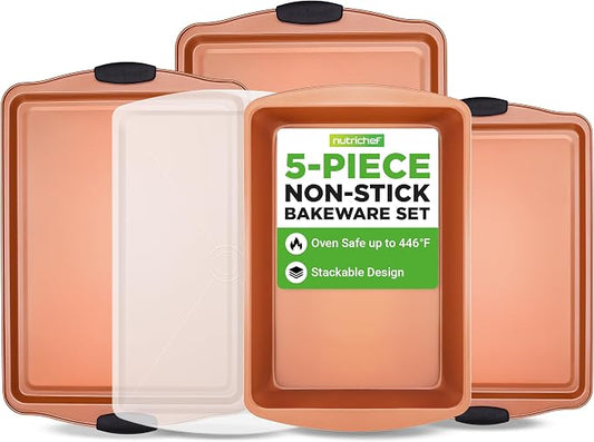 NutriChef 5‑Piece Non‑Stick Bakeware Set – Premium Carbon Steel Baking Pans Set with Silicone Handles, Stackable Oven Pan Set for Cookies, Sheet Cakes, & Roasting by NutriChef%E2%84%A2Kitchen