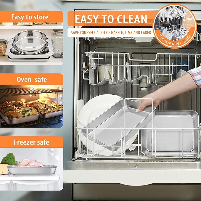 Toaster Oven Bakeware Set, E-far 8-Piece Stainless Steel Small Baking Pan Set, Include 6-Inch Cake Pan/Rectangle Baking Pan/Cookie Sheet with Rack/Muffin/Loaf/Pizza Pan, Non-Toxic & Dishwasher Safe - Image 4