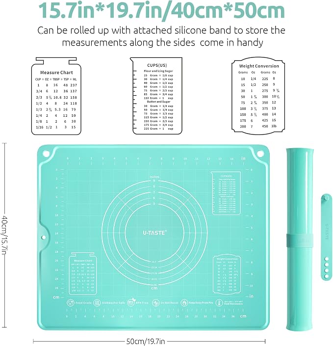 U-Taste 16"x20" Food-Grade Liquid Silicone Pastry Mat with Clear Measurement, and 18/8 Stainless Steel Square Measuring Spoons Set of 8 (Aqua Sky+Silver) - Image 2