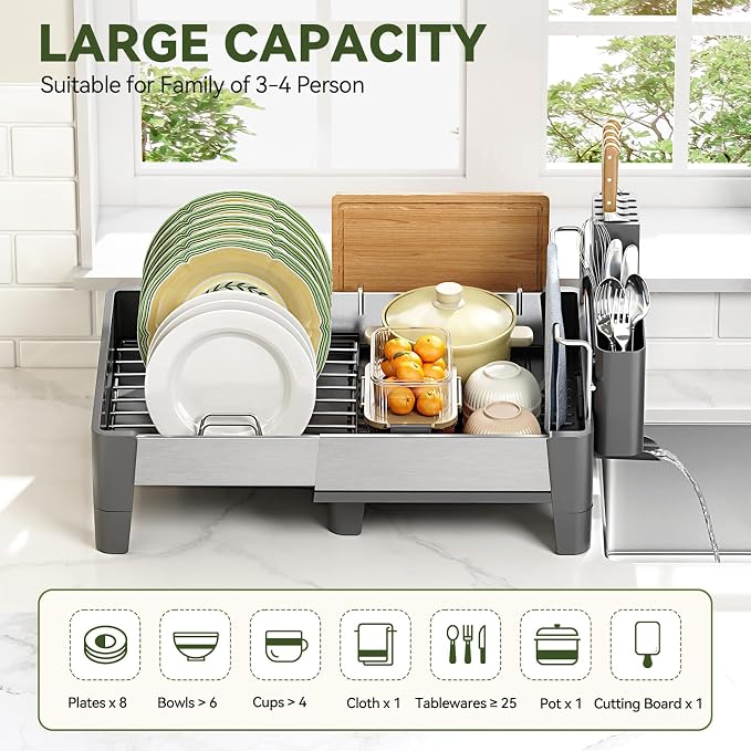 Urackify Expandable Dish Drying Rack, Stainless and Aluminum Frame, Gray | Dish Drainer for Kitchen Counter, Space Saving Kitchen Drying Rack with Movable Utensil Holder, 19.69"L x 13.46"W x 9.06"H - Image 3