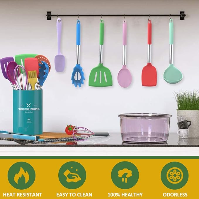 Umite Chef Kitchen Utensils Set, 15 pcs Silicone Cooking Kitchen Utensils Set, Non-stick Silicone Stainless Steel Handle Turner Spatula Spoon Tongs Whisk Cookware - Colorful - Image 5