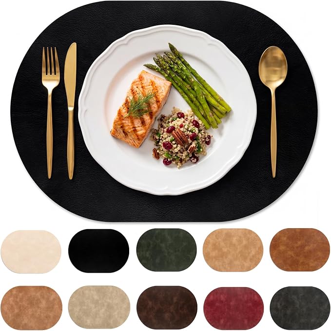 Placemats, Oval Placemats 2mm Ultra Thick Faux Leather Table Mats, Heat Resistant Waterproof Wipeable Dining Mats for Kitchen Table, Set of 4, Black by BIPASION