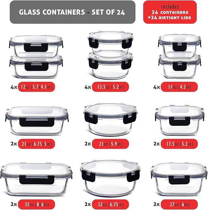 EATEX 48pc Glass Storage Containers with Lids, 24 Glass Food Storage Containers with 24 Airtight Lids for Pantry & Kitchen, Meal Prep Containers for Lunch, Oven Freezer Microwave & Dishwasher Safe - Image 3
