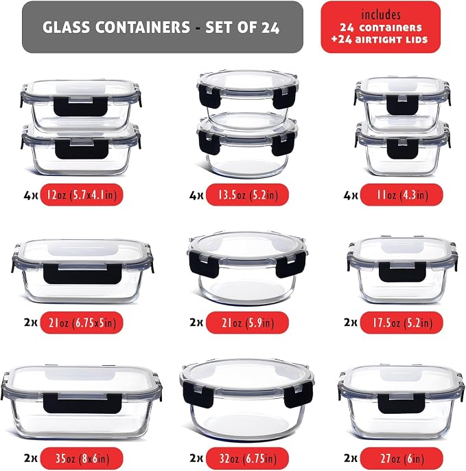 EATEX 48pc Glass Storage Containers with Lids, 24 Set Glass Food Storage Containers with 24 Airtight Lids, Pantry Kitchen Meal Prep Containers for Lunch, Freezer Storage Containers, Dishwasher Safe - Image 3