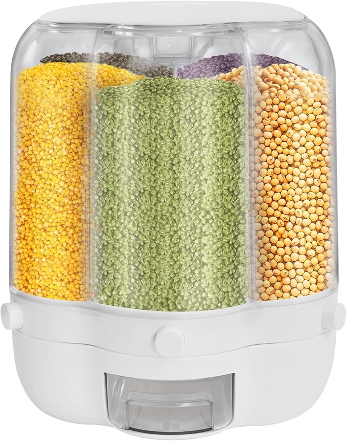 360° Rotating Grain Dispenser with 6 Grids, 27lbs Large Capacity Grain Dispenser Rotating Kitchen Storage Containers With Sealed Lid for Cereals, Oatmeal and Candy by Unknown