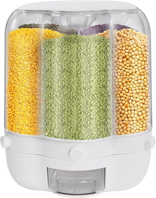 360° Rotating Grain Dispenser with 6 Grids, 27lbs Large Capacity Grain Dispenser Rotating Kitchen Storage Containers With Sealed Lid for Cereals, Oatmeal and Candy by Unknown