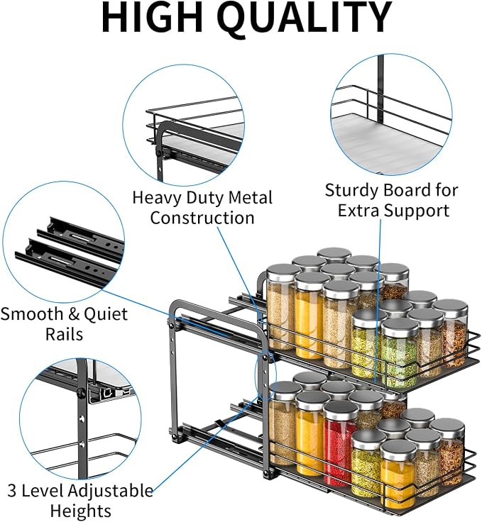 RCHYFEED 2 Tier Pull Out Spice Rack for Cabinet,7.5" Wx10.5 Dx9.5 H | Height Adjustable Spicy Shelf Metal Slide Out Spice Rack Heavy Duty Vertical Spice Shelf for Inside Cabinets & Pantry - Image 5