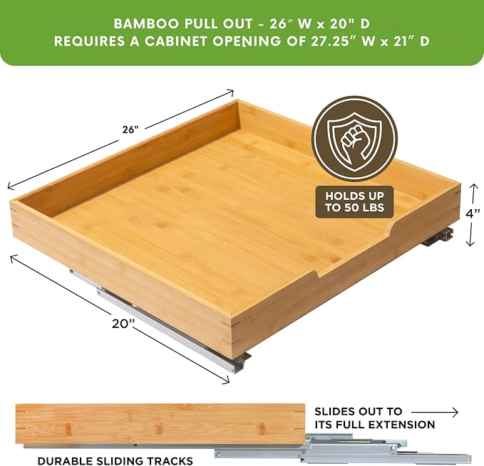 HOLDN’ STORAGE Bamboo Wooden Pull Out Cabinet Organizer 26"W x 21"D | Bamboo Tray and Heavy Gauge Metal Rails, W/Lifetime Limited Warranty, Fits 27.25"W x 21"D Cabinets - Image 3