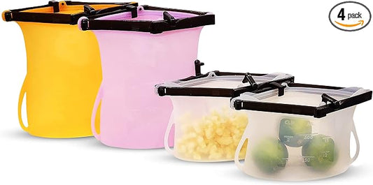 Reusable Silicone Stand-Up Food Storage Freezer Bags Microwave Freezer Dishwasher Safe Snack Bags (2 x 33 Oz + 2 x 17 Oz Random Color Varies) by WISELLYReusableProducts