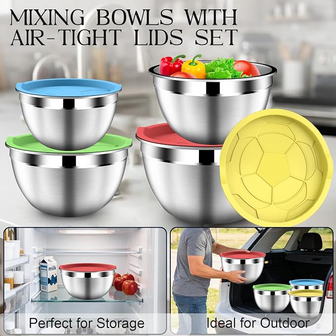 DUTZUN Colorful Mixing Bowls with Strainer, Mixing Bowl with Lids Set, Stainless Steel Mixing Bowls, Kitchen Gadgets Salad Bowls with Strainer for Mixing & Preping & Serving - Image 3