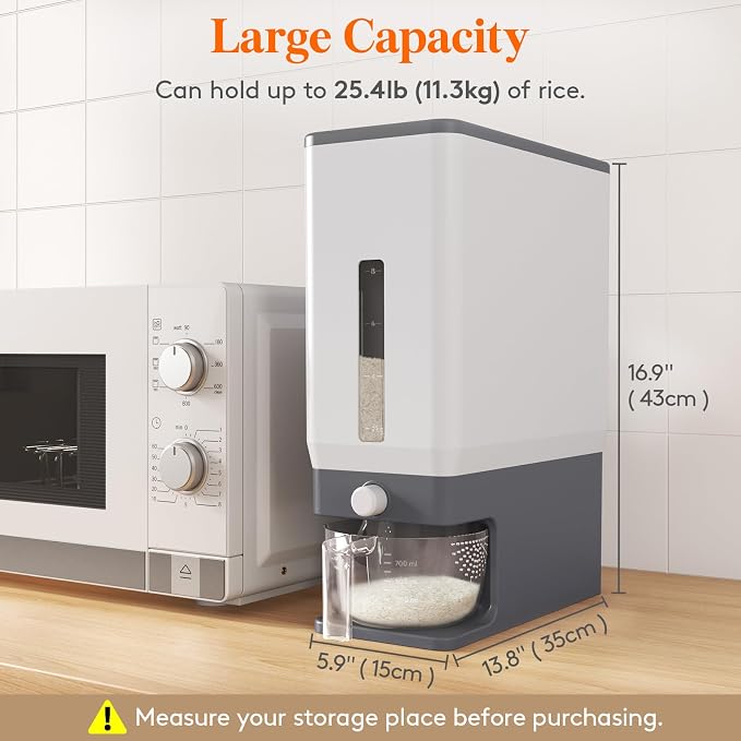 Lifewit Rice Dispenser 25 Lbs, Airtight Storage with Measuring Cup, Grey | BPA-Free 11.3kg Capacity Storage Container for Beans, Corn & Other Small Grains, One-Press Dispensing Bin for Kitchen Pantry - Image 7