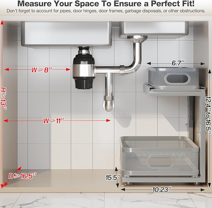 2 Pack 15.5IN-Depth Under Sink Organizer With Next-Gen Ball-Bearing Slides,2-Tier Precision Mesh Pull Out Cabinet Storage for Bathroom&Kitchen,Height Adjustable Drawers Shelf,Anti-rust-Grey - Image 2