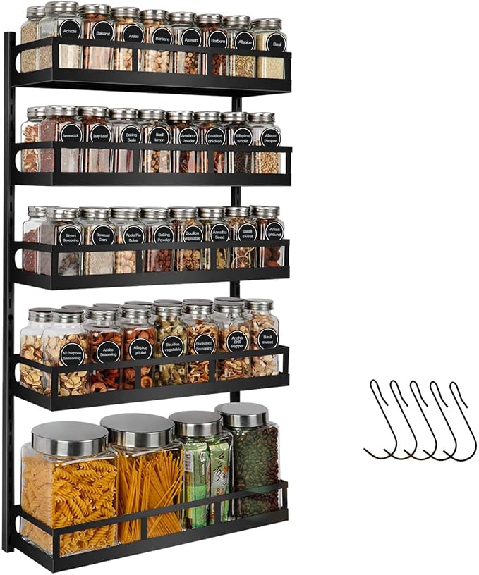 X-cosrack Wall Mount Spice Rack Organizer 5 Tier Height-Adjustable Hanging Spice Shelf Storage for Kitchen Pantry Cabinet, Dual-Use Seasoning Holder Rack with Hooks, Black-Patented by X-cosrack