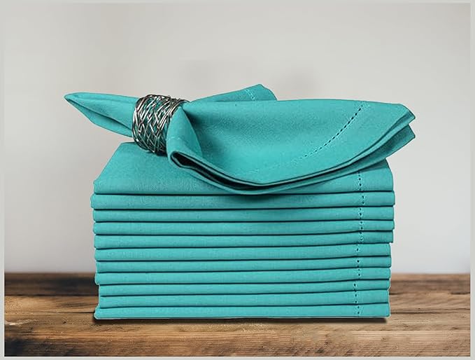 Bedding Craft Cotton Cloth Dinner Napkins Set of 12 – 18x18 Latigo Bay Teal with Hemstitched Mitered Corners – Machine Washable Reusable Napkins for Weddings, Parties & Daily Use by BeddingCraft