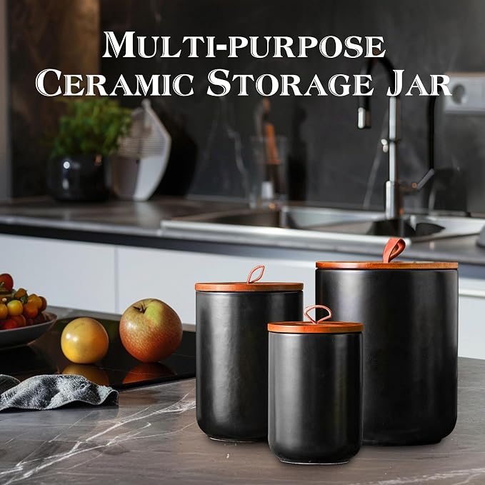 JOJUNO Black Ceramic Food Storage Canister Set (30 oz, 48 oz, 82 oz) with Bamboo Lids, 3-Piece Airtight Jars for Flour, Sugar, Coffee, Tea, Oats, Spice – Kitchen Storage Containers with Lids - Image 5