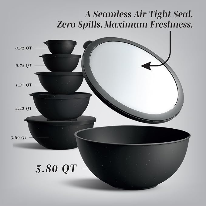 COOK WITH COLOR Mixing Bowls with TPR Lids - 12 Piece Plastic Nesting Bowls Set includes 6 Prep Bowls and 6 Lids, Microwave Safe (Speckled Black) - Image 2
