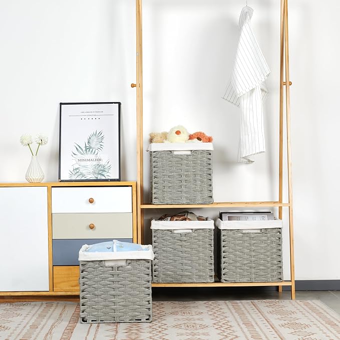 Bidtakay Wicker Cube Baskets with Liners Cube Storage Organizer for Shelves Closet 11 inch 4 Pack Decorative Hand-Woven Imitation Wicker Storage Bins for Organizing Pantry Bedroom Light Grey - Image 3