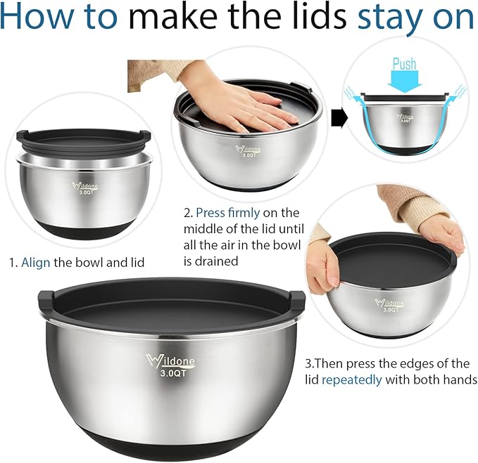 Wildone Mixing Bowls with Lids Set, Stainless Steel Mixing Bowls Set of 5 | Large Prep Metal Bowl Set with Non-slip Bottoms, Size 8, 5, 3, 2, 1.5 QT, Airtight Lids, Thicker Stainless Steel - Image 6