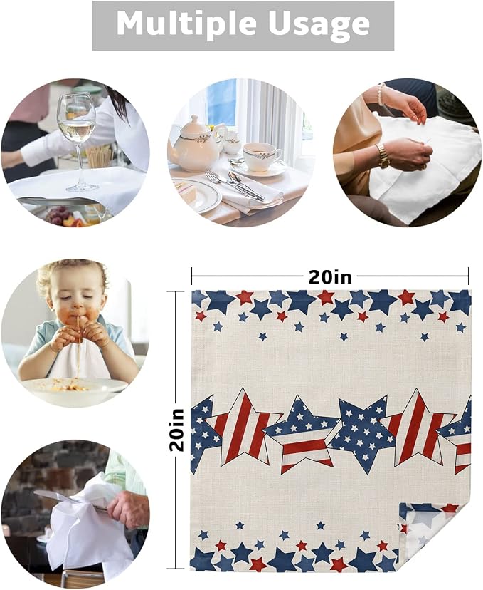 Patriotic Memorial Flag Cloth Napkins Set of 8 - Washable Dinner Napkins Reusable Table Napkins for Home Party Weeding Dining Table Setting Decoration, American Independence Day Oversized 20"x20" - Image 5